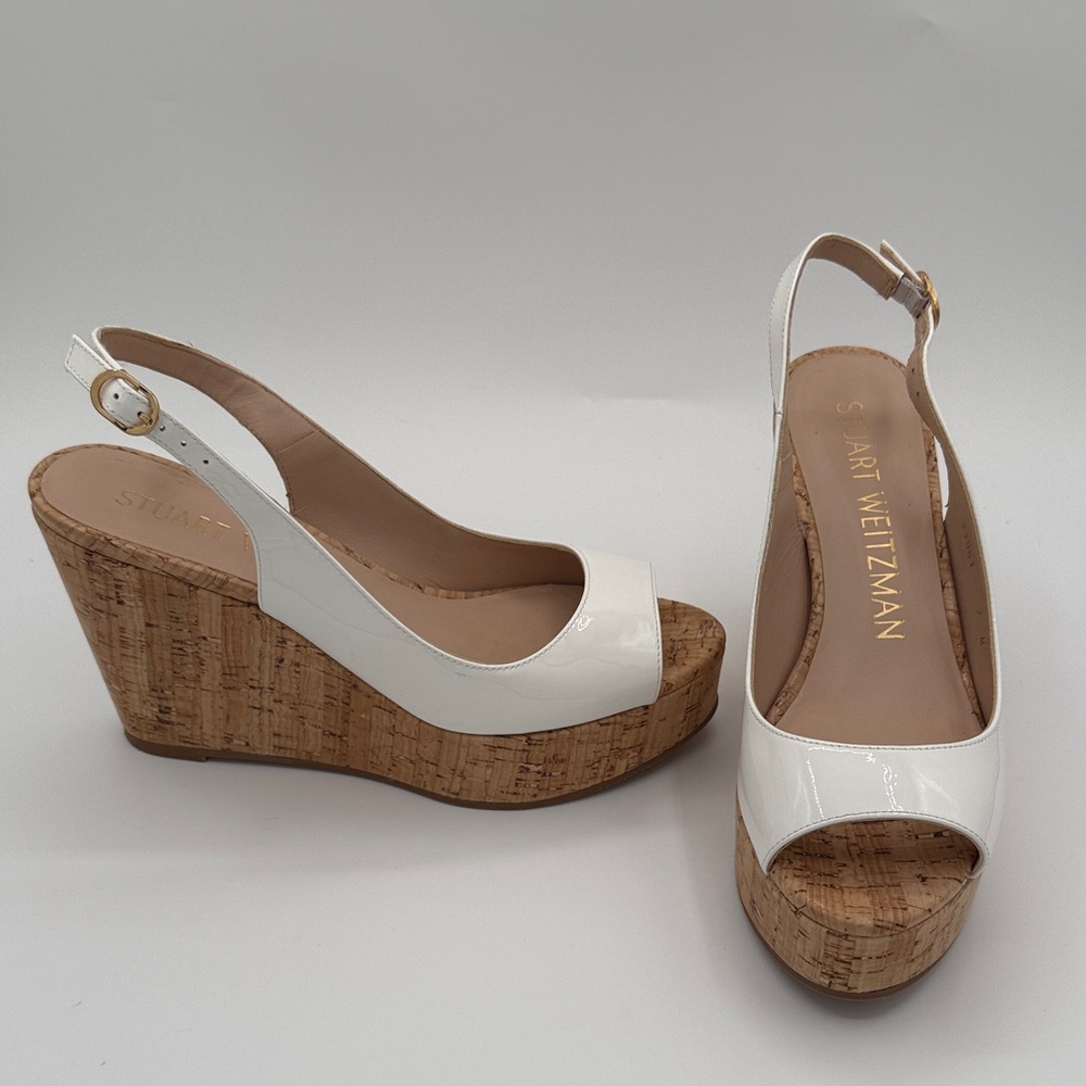Stuart Weitzman White Patent Leather and Cork Wedge Sandals